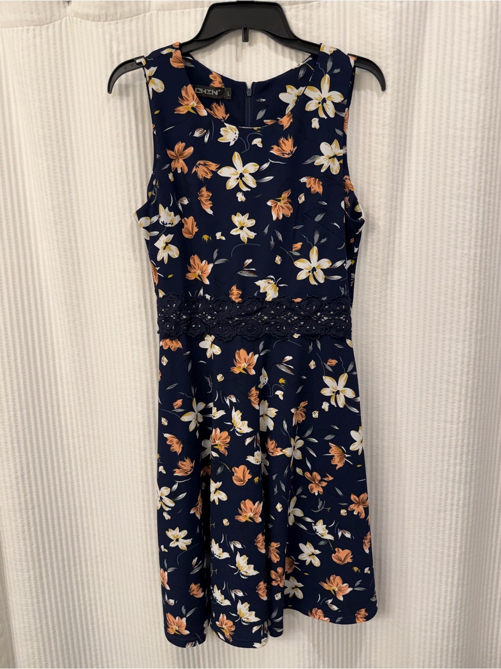 Owen Navy Floral Lace-Waist Dress, size Large